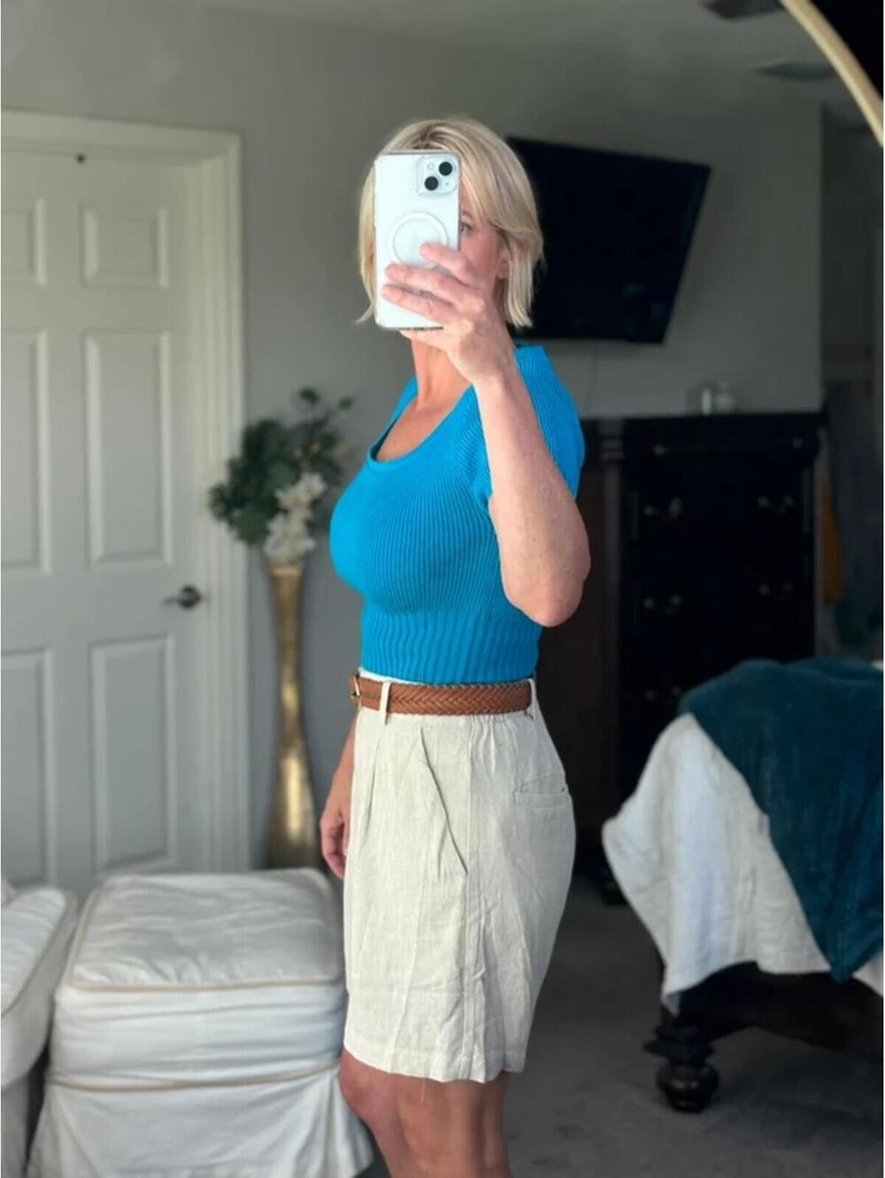 New 100% Cotton Turquoise Blue Scoop Neck Sweater Top - Picture 2 of 3